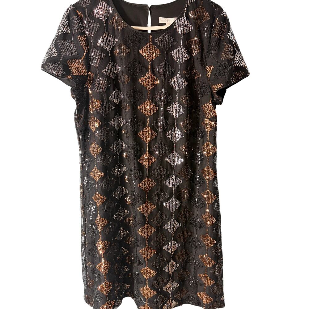 London Times Black Sequin Shift Dress Bronze Silver Geometric Cocktail Dress 12